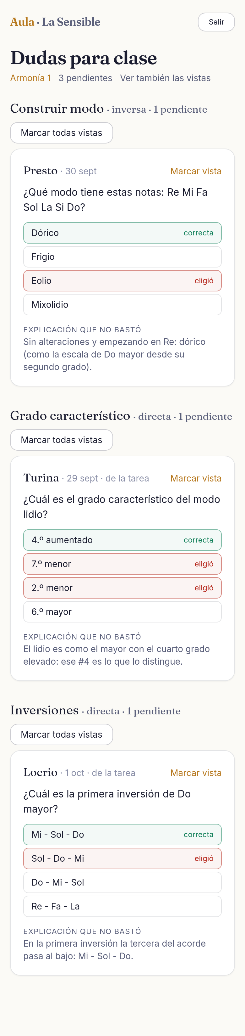 Las dudas guardadas para clase, en el móvil